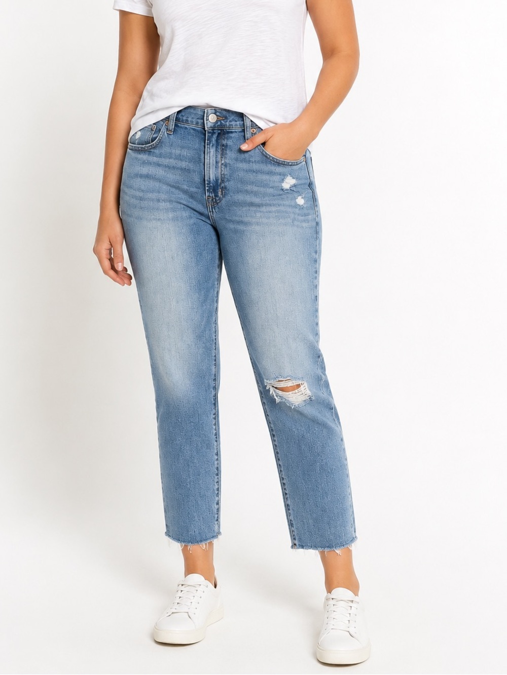 GAP Girlfriend Mid Rise Distressed Jeans Tall 32/14 Light Wash Raw Hem